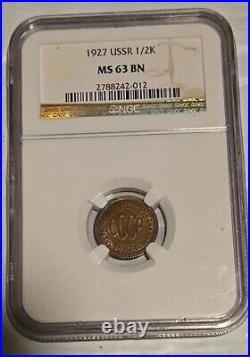 1927 Russian USSR Soviet Union 1/2 Kopek NGC MS 63 Very Rare Coin