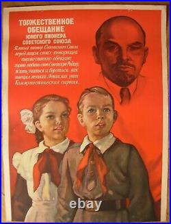 1950 Soviet Russian Original Poster Solemn Oath of young Pioneer USSR propaganda
