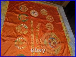 1970s RUSSIA USSR SOVIET UNION 2-SIDED SILK PROPAGANDA BANNER 68x41 LENIN BRIGHT