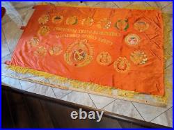 1970s RUSSIA USSR SOVIET UNION 2-SIDED SILK PROPAGANDA BANNER 68x41 LENIN BRIGHT