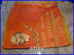 1970s RUSSIA USSR SOVIET UNION 2-SIDED SILK PROPAGANDA BANNER 68x41 LENIN BRIGHT