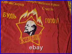 1970s RUSSIA USSR SOVIET UNION SILK PROPAGANDA BANNER 36x38 LENIN, BRIGHT RED