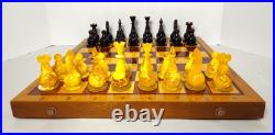 1980s Ambroid Plastic Chess Set Soviet Union USSR Faux Amber Marble WithBoard Case