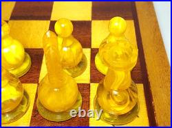 1980s Ambroid Plastic Chess Set Soviet Union USSR Faux Amber Marble WithBoard Case
