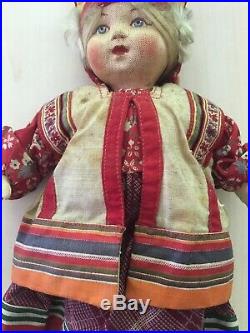 Antique Stockinette Cloth Doll Made in Soviet Union, Russian 10-1/2 Label 8097