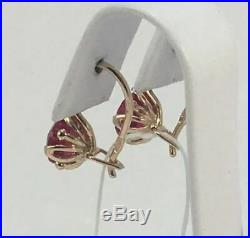 Awesome Vintage Rare USSR Soviet Russian Rose Gold Earrings Ruby Stone 583 14k