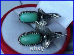 Chic Vintage Original Soviet USSR Russian Earrings Turquoise Sterling Silver 925
