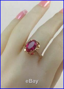 Chic Vintage Rare USSR Russian Soviet Solid Rose Gold 583 14K Ring Ruby Size 9.5