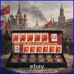 Cold War Russia Currency Deluxe Boxed Collection 10 Coins & 12 Soviet Stamps