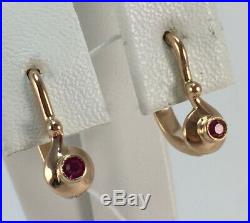 Cute Rare Vintage USSR Soviet Russian Rose Gold 583 14K Ruby Children's Earrings