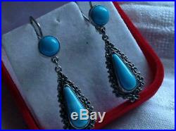 Cute Vintage Antique Soviet USSR Russian Earrings Turquoise Sterling Silver 875