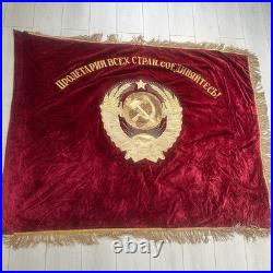 Double Sided Soviet Velvet Banner Flag USSR Lenin Emblem Workers Unite Vintage
