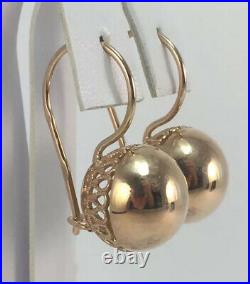 Luxury Rare Vintage Unique Earrings USSR Soviet Russian Solid Rose Gold 583 14K