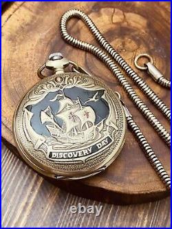 Molnija Discovery Day Pocket Watch with Chain, USSR Soviet Union, Working #6622