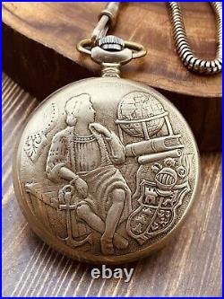 Molnija Discovery Day Pocket Watch with Chain, USSR Soviet Union, Working #6622