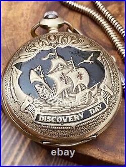 Molnija Discovery Day Pocket Watch with Chain, USSR Soviet Union, Working #6622