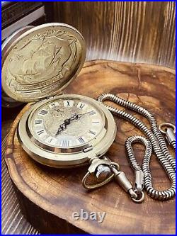 Molnija Discovery Day Pocket Watch with Chain, USSR Soviet Union, Working #6622