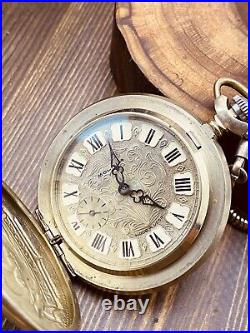 Molnija Discovery Day Pocket Watch with Chain, USSR Soviet Union, Working #6622