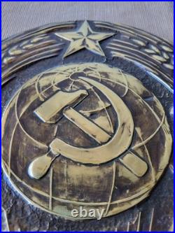 Original Vintage Soviet USSR Coat of Arms Wall Plaque Bas Relief Metal Cast Iron