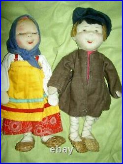PAIR 1920s labeled, TANKA & VANKA, stockinette Russian Soviet Union cloth dolls