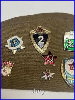 Rare Soviet Union Russian Military Hat & Pins. USSR CCCP Badge with 3 patches