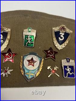 Rare Soviet Union Russian Military Hat & Pins. USSR CCCP Badge with 3 patches