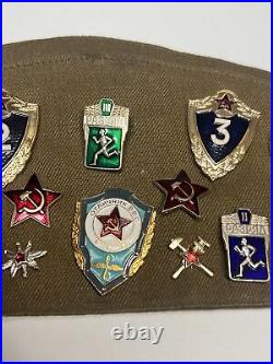 Rare Soviet Union Russian Military Hat & Pins. USSR CCCP Badge with 3 patches