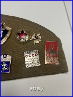 Rare Soviet Union Russian Military Hat & Pins. USSR CCCP Badge with 3 patches