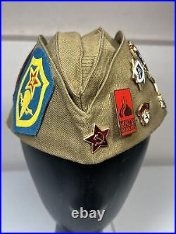 Rare Soviet Union Russian Military Hat & Pins. USSR CCCP Badge with 3 patches