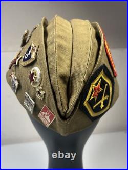 Rare Soviet Union Russian Military Hat & Pins. USSR CCCP Badge with 3 patches