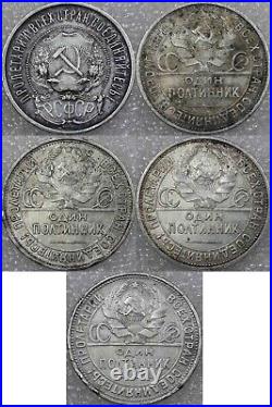 Russia, USSR, Soviet Union Lot of 5x 1 Poltinnik, 50 Kopecks, 1/2 Rouble, Silver