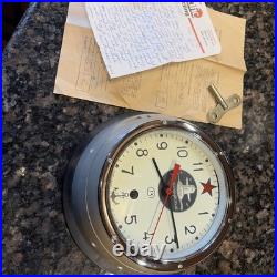 Russian Soviet Navy Komandirskie Red Star Submarine Clock with paperwork and key