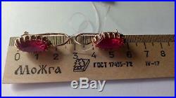 Russian Soviet USSR Ruby Corundum Earrings Solid Rose 14k 583/585 Gold 6.92 gr