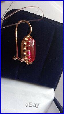 Russian Soviet USSR Ruby Corundum Earrings Solid Rose 14k 583/585 Gold 6.92 gr