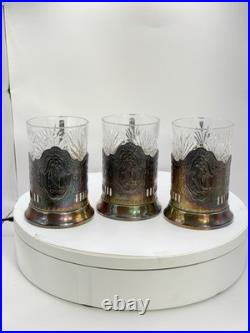 Set of 3 USSR Soviet Podstakanniki with Lead Crystal Tea Glasses Brass Stamped