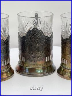Set of 3 USSR Soviet Podstakanniki with Lead Crystal Tea Glasses Brass Stamped
