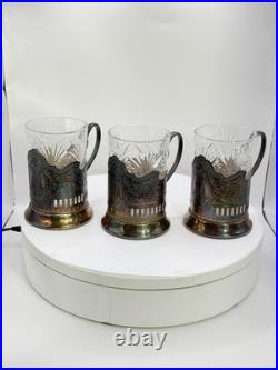 Set of 3 USSR Soviet Podstakanniki with Lead Crystal Tea Glasses Brass Stamped
