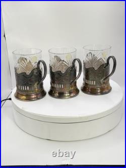 Set of 3 USSR Soviet Podstakanniki with Lead Crystal Tea Glasses Brass Stamped