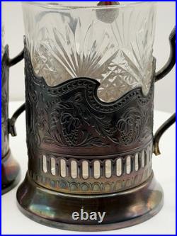 Set of 3 USSR Soviet Podstakanniki with Lead Crystal Tea Glasses Brass Stamped