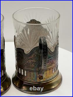 Set of 3 USSR Soviet Podstakanniki with Lead Crystal Tea Glasses Brass Stamped