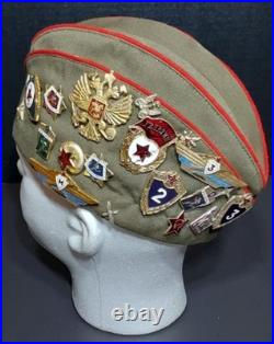 Soviet Russian Officer Pilotka WW2 Hat Military Uniform USSR WithPins & Patchs