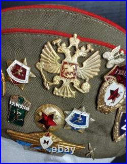 Soviet Russian Officer Pilotka WW2 Hat Military Uniform USSR WithPins & Patchs