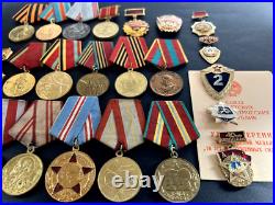 Soviet Russian Set of 23 medals and badges of Veteran WW2 USSR Army. Document