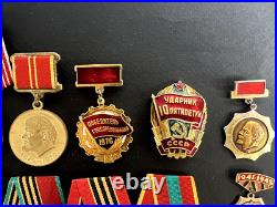 Soviet Russian Set of 23 medals and badges of Veteran WW2 USSR Army. Document