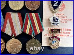 Soviet Russian Set of 23 medals and badges of Veteran WW2 USSR Army. Document