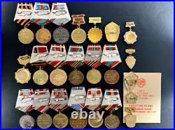 Soviet Russian Set of 23 medals and badges of Veteran WW2 USSR Army. Document