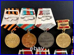 Soviet Russian Set of 23 medals and badges of Veteran WW2 USSR Army. Document