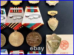Soviet Russian Set of 23 medals and badges of Veteran WW2 USSR Army. Document