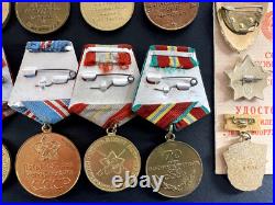 Soviet Russian Set of 23 medals and badges of Veteran WW2 USSR Army. Document