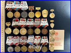 Soviet Russian Set of 23 medals and badges of Veteran WW2 USSR Army. Document